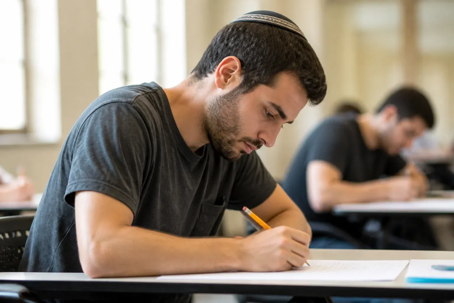 אדם מרוכז כותב במבחן בכתב