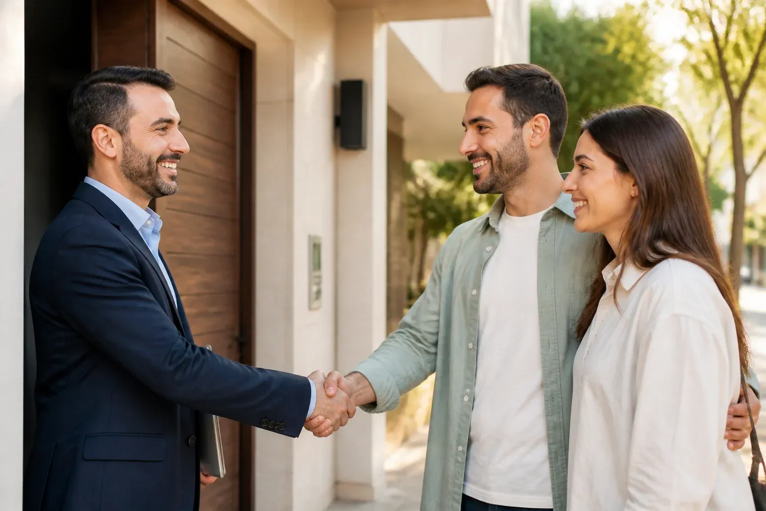מתווך לוחץ יד ללקוחות מרוצים בכניסה לבניין מגורים