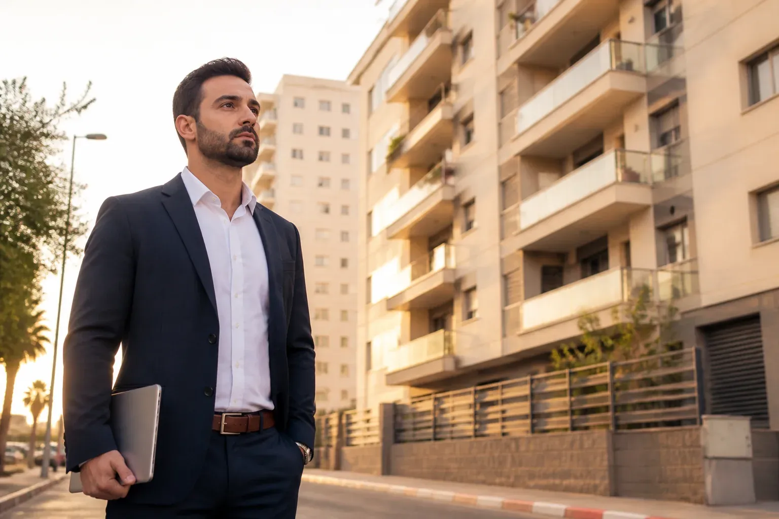 סוכן עומד ברחוב עם בנייני מגורים וחושב על הצעד הבא