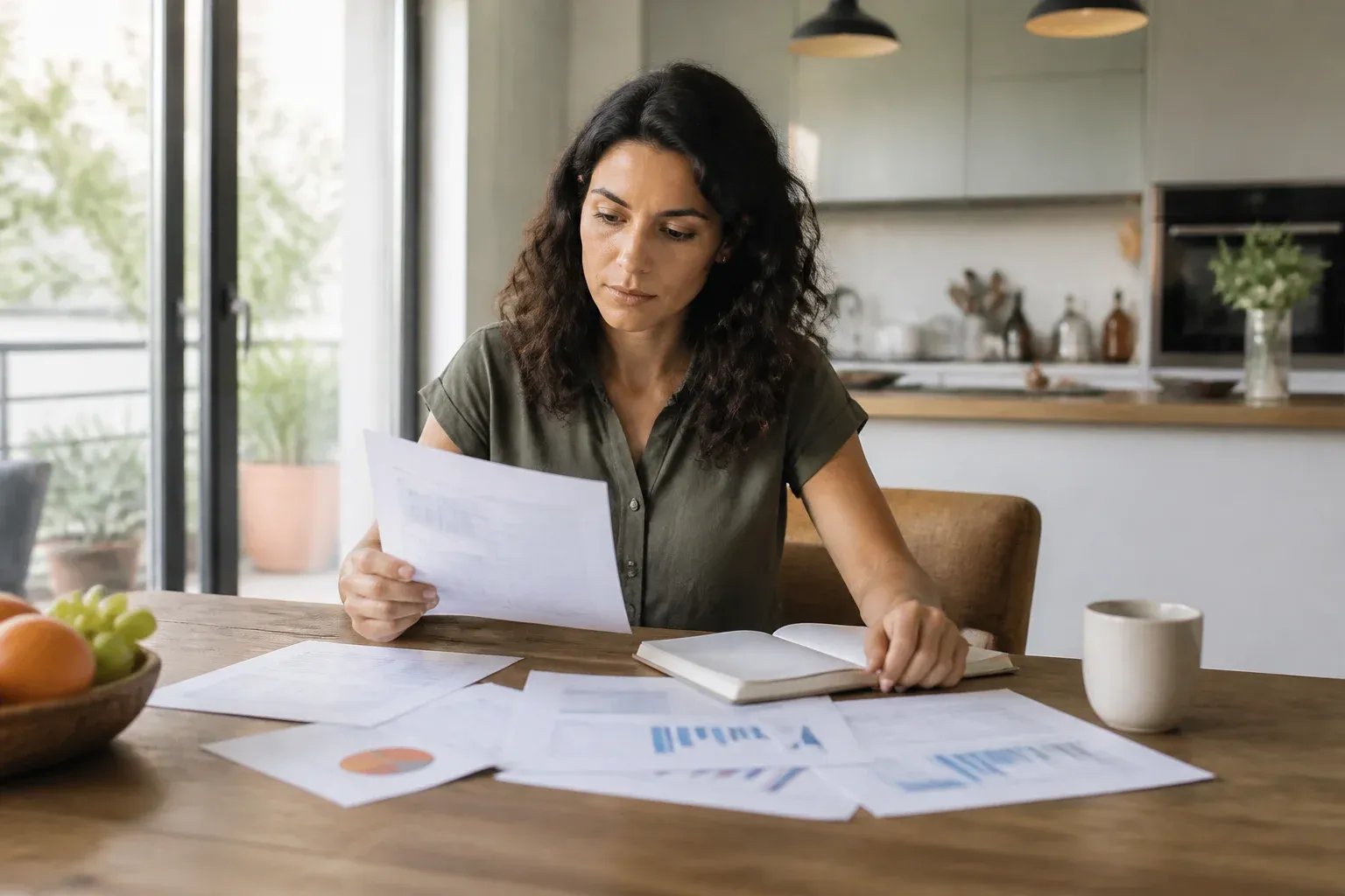 סוכנת עצמאית מסכמת הכנסות והוצאות על שולחן המטבח