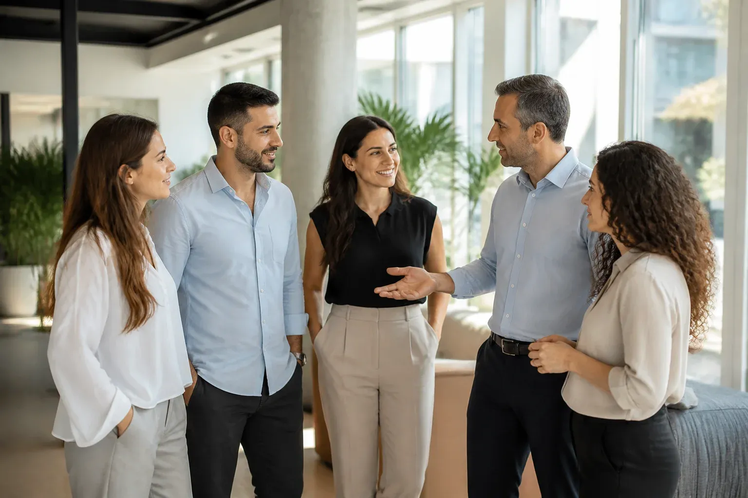 אנשי מקצוע שונים בענף הנדל"ן עומדים יחד בלובי משרדים