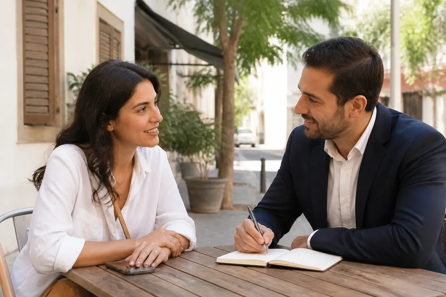סוכן נדל"ן ולקוחה צעירה בפגישה ראשונה בבית קפה