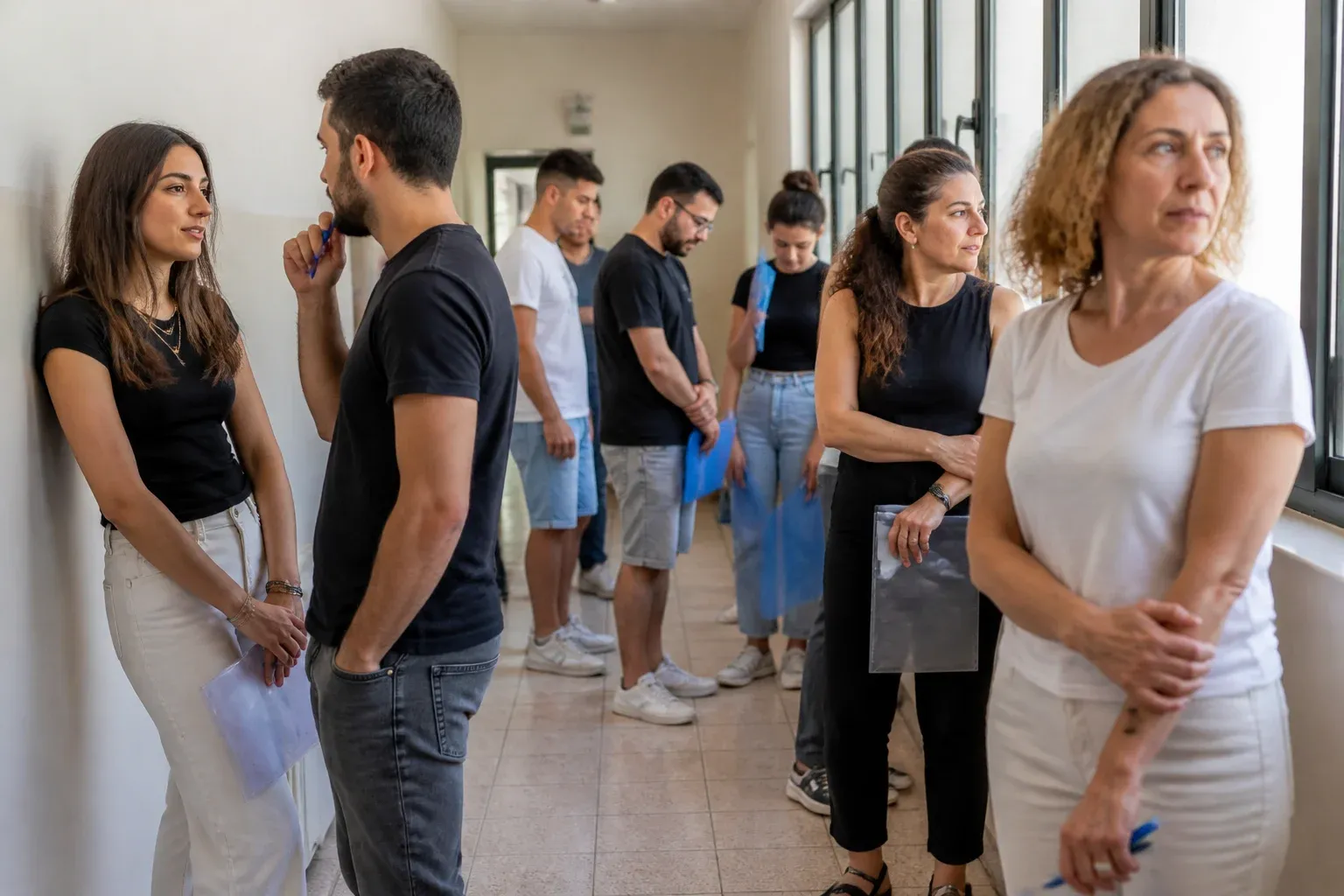 מועמדים ממתינים במסדרון לפני כניסה לאולם בחינה