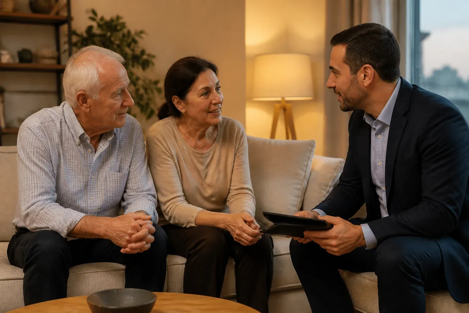 סוכן נדל"ן נפגש עם בעלי דירה בסלון הבית