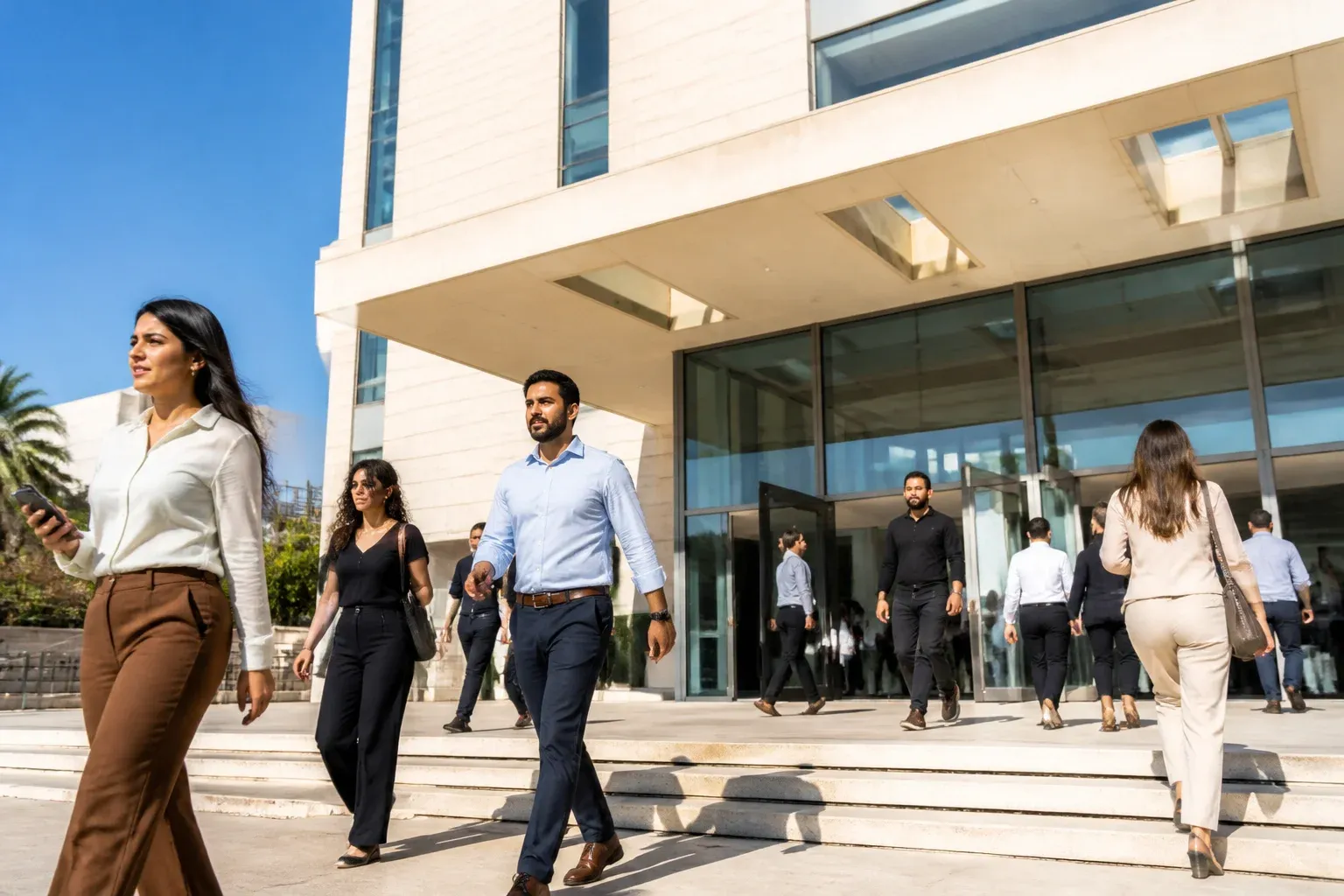 איפה מפרסמים מועדים: בניין משרדי ממשלה מודרני ואנשים נכנסים ויוצאים