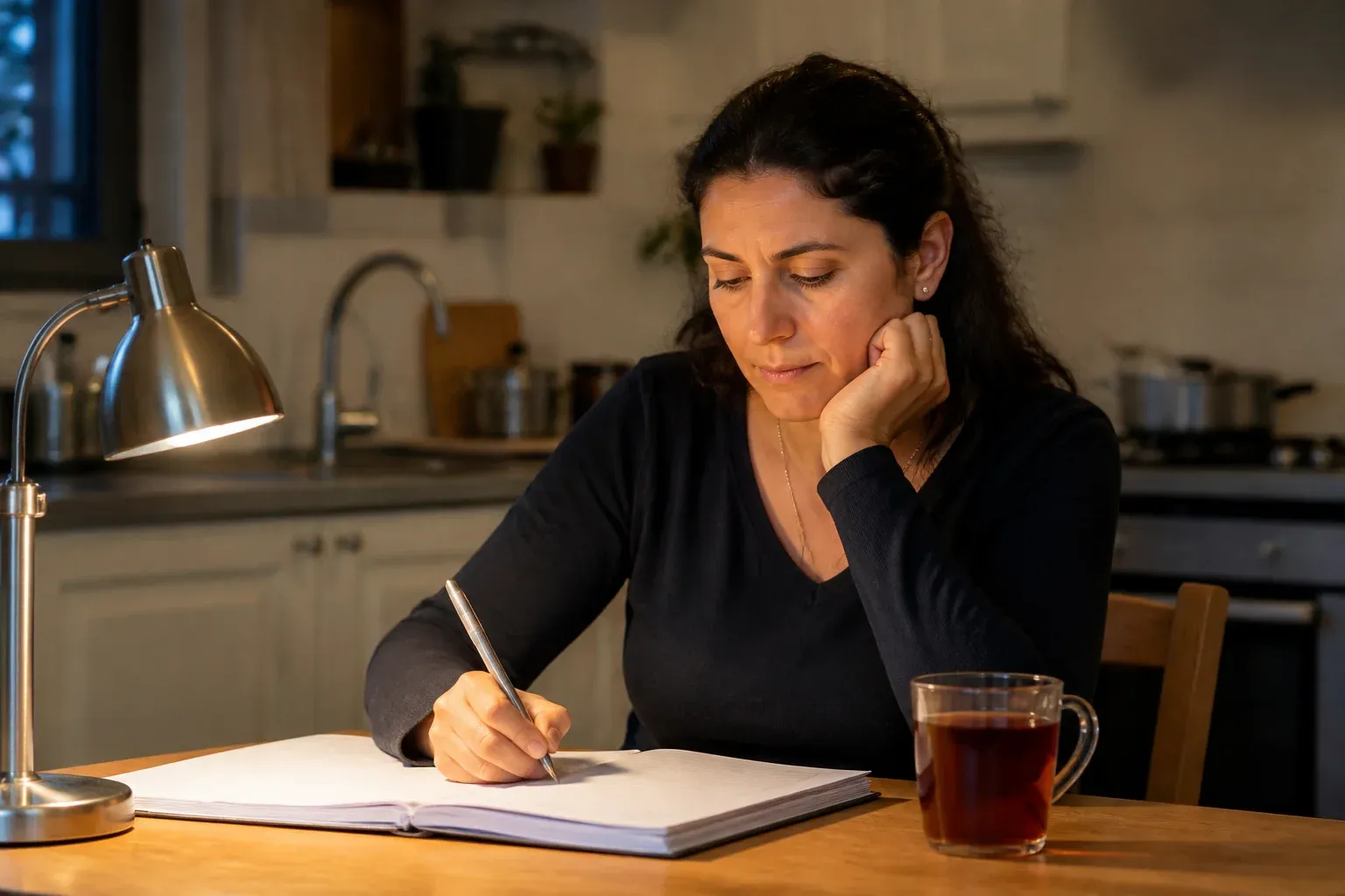 לימוד בערב בבית ליד שולחן